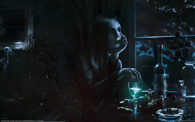 Woman wine table gothic glowing free wallpaper for desktop - medium preview image