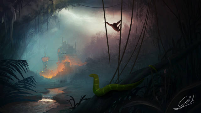 Snake forest castle stream fantasy free wallpaper for desktop - medium preview image