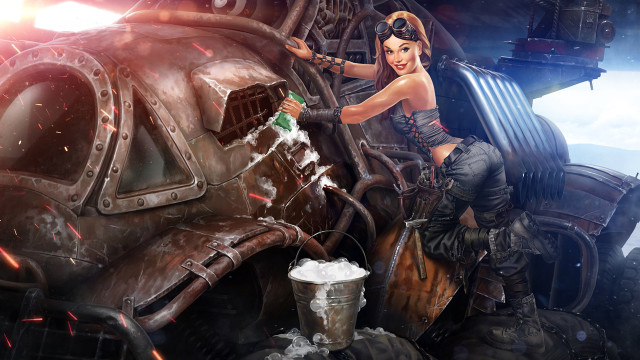 Woman painting metal aircraft ice free wallpaper for desktop - medium preview image