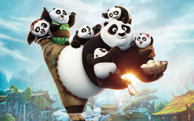 Panda family riding cow cartoon free wallpaper for desktop - medium preview image