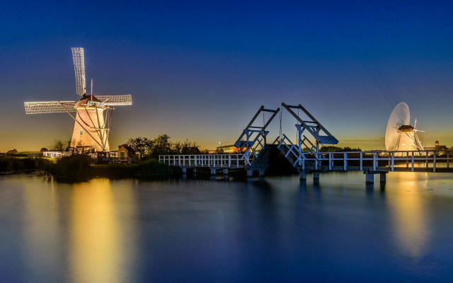 Windmill bridge night water blue free wallpaper for desktop - medium preview image
