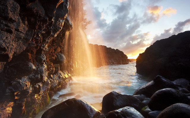 Waterfall rocks sunset sunlight forest free wallpaper for desktop - medium preview image