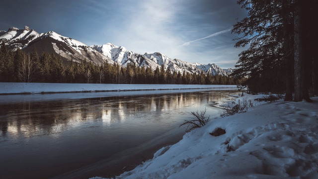 River snow mountains clouds baretree free wallpaper for desktop - medium preview image