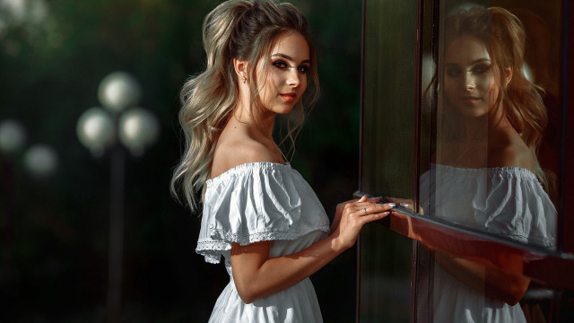 Woman white dress street window free wallpaper for desktop - medium preview image