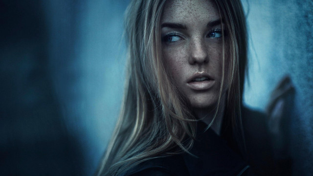 Serious woman long hair blue #2 free wallpaper for desktop - medium preview image