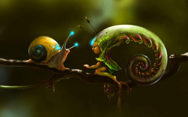 Snail branch green background fantasy free wallpaper for desktop - medium preview image