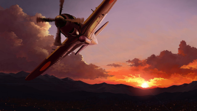 Sunset plane mountains clouds city free wallpaper for desktop - medium preview image