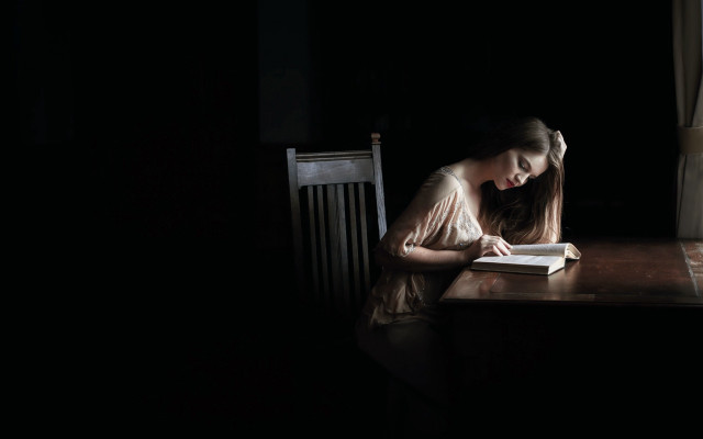Woman sitting reading dark window free wallpaper for desktop - medium preview image