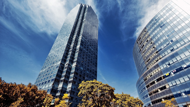 Tall buildings trees blue sky free wallpaper for desktop - medium preview image