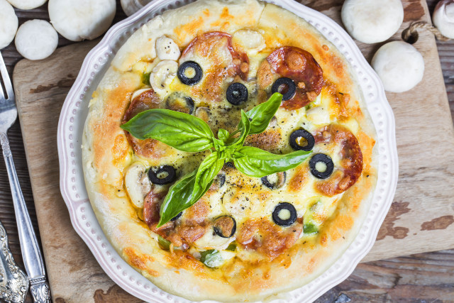 Pizza olives basil wooden table free wallpaper for desktop - medium preview image