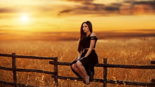 Woman fence wheat sunset blackhair free wallpaper for desktop - medium preview image