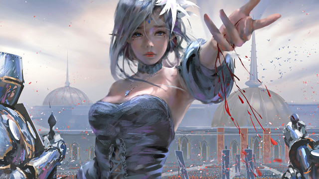 Futuristic woman robot city red free wallpaper for desktop - medium preview image