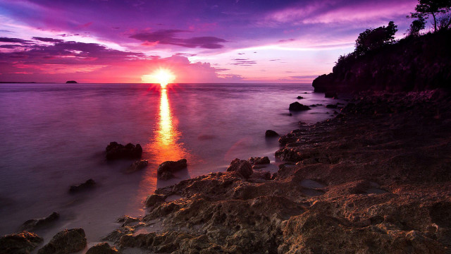 Sunset ocean rocks water purple #3 free wallpaper for desktop - medium preview image