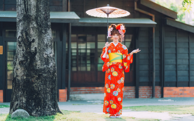 Red kimono umbrella architecture flower free wallpaper for desktop - medium preview image