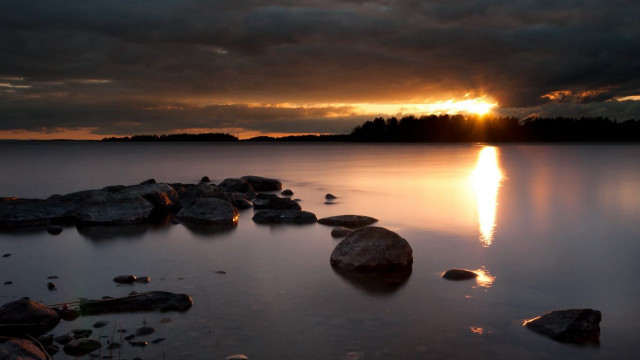 Sunset lake rocks trees clouds free wallpaper for desktop - medium preview image