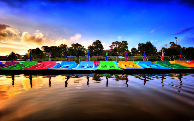 Colorful boats lake forest sunset free wallpaper for desktop - medium preview image