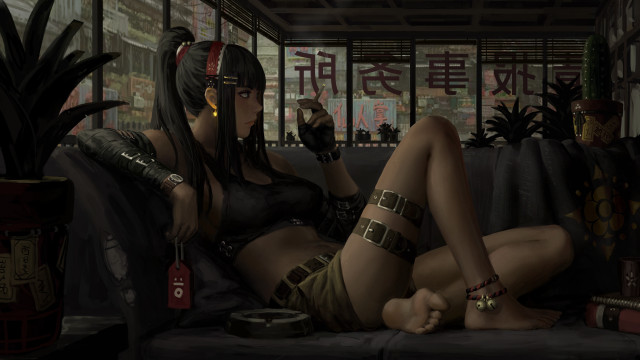 Woman bikini couch gun wine free wallpaper for desktop - medium preview image