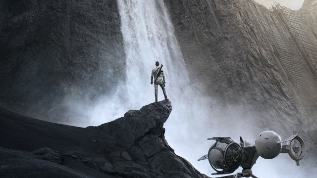 Cliff man waterfall helicopter matte free wallpaper for desktop - medium preview image