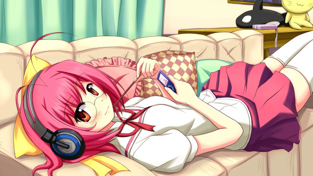 Pink haired girl laying couch free wallpaper for desktop - medium preview image