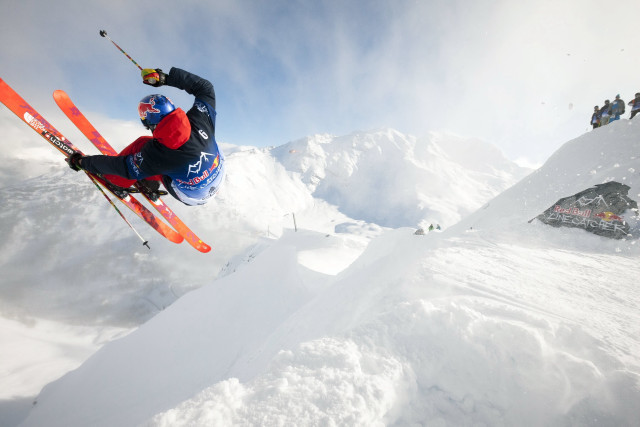 Skier midair ramp snow mountain free wallpaper for desktop - medium preview image