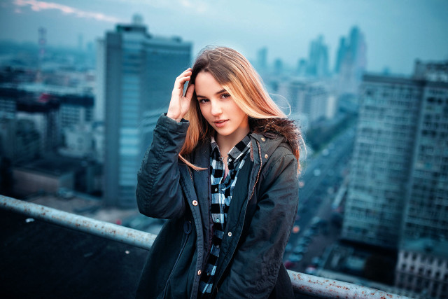 Balcony cityscape blonde portrait urban free wallpaper for desktop - medium preview image