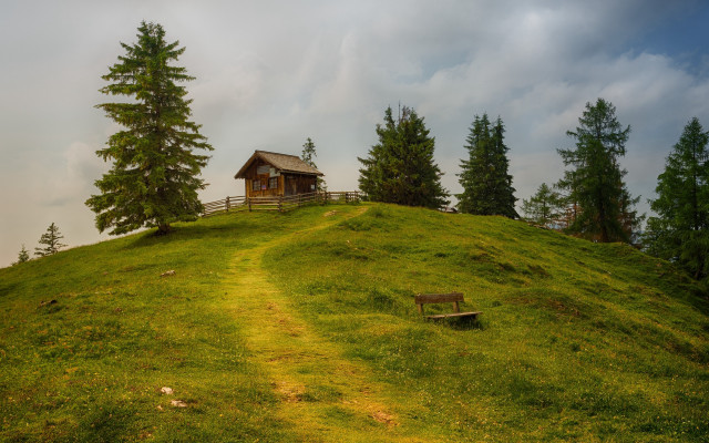 Small cabin grassy hill woods free wallpaper for desktop - medium preview image
