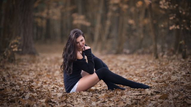 Woman forest autumn blurry sitting free wallpaper for desktop - medium preview image