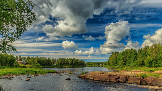 River rocks trees cloudy sky free wallpaper for desktop - medium preview image