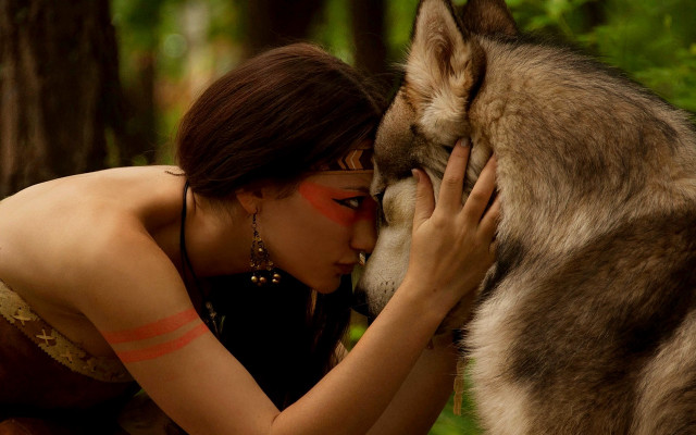 Woman wolf kiss forest tribal free wallpaper for desktop - medium preview image