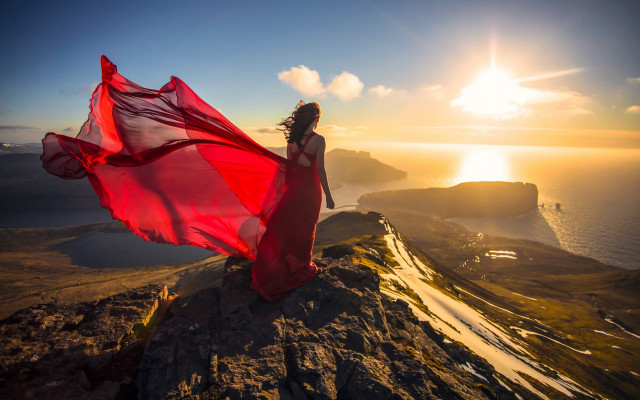 Woman red dress mountain sunset free wallpaper for desktop - medium preview image