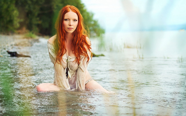 Woman water bird beach impressionist free wallpaper for desktop - medium preview image