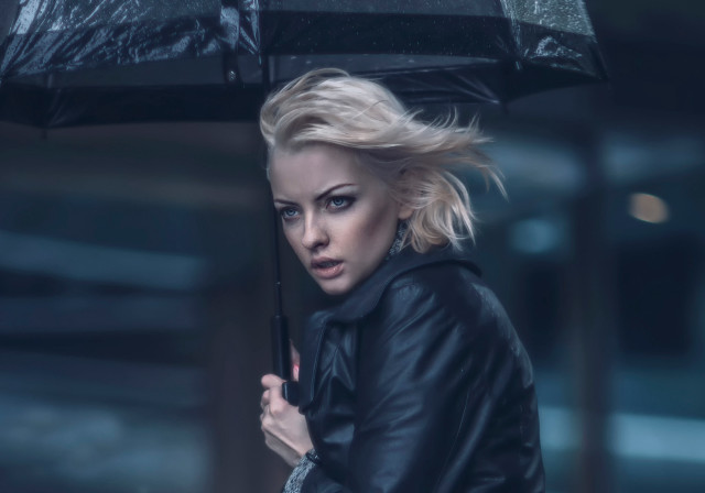 Woman black leather jacket umbrella free wallpaper for desktop - medium preview image