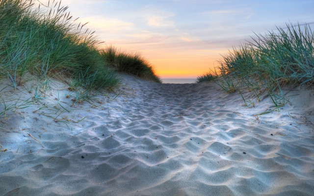 Beach sunset path grass mountain free wallpaper for desktop - medium preview image