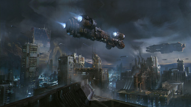 Futuristic city flying machine night free wallpaper for desktop - medium preview image