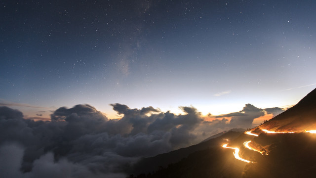 Mountain clouds stars road lights free wallpaper for desktop - medium preview image
