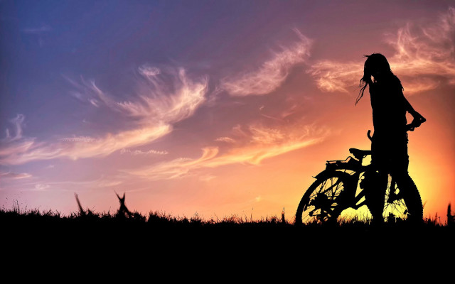 Person bike field sunset clouds free wallpaper for desktop - medium preview image