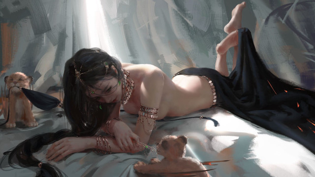 Woman bed dog cat fantasy free wallpaper for desktop - medium preview image