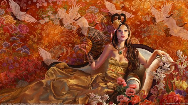 Woman flower bird portrait art free wallpaper for desktop - medium preview image