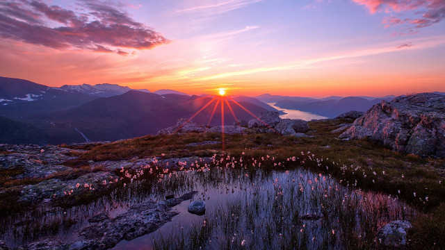 Sunset mountain lake city clouds free wallpaper for desktop - medium preview image