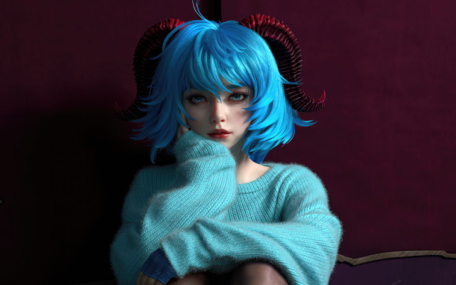 Blue hair horns couch 3d free wallpaper for desktop - medium preview image