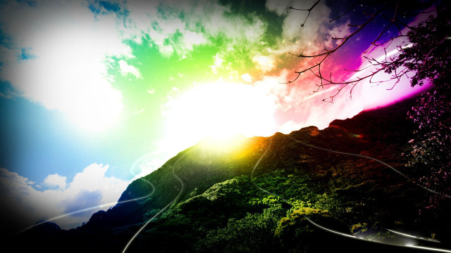Rainbow sky mountain road mystical free wallpaper for desktop - medium preview image