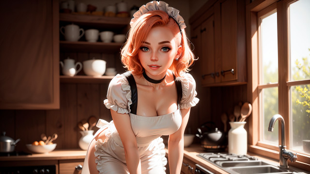 Woman white dress kitchen apron #2 free wallpaper for desktop - medium preview image