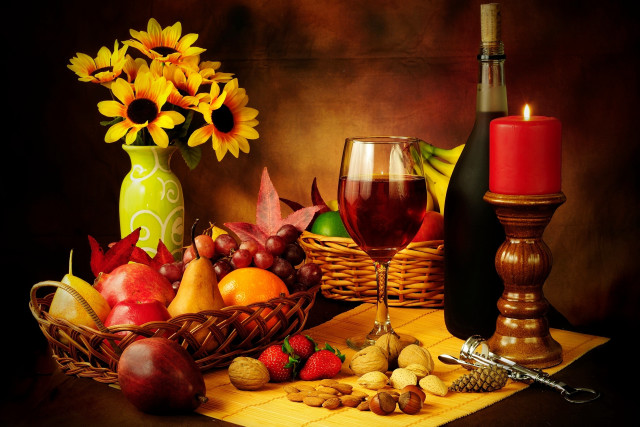 Basket wine candle flowers stilllife free wallpaper for desktop - medium preview image