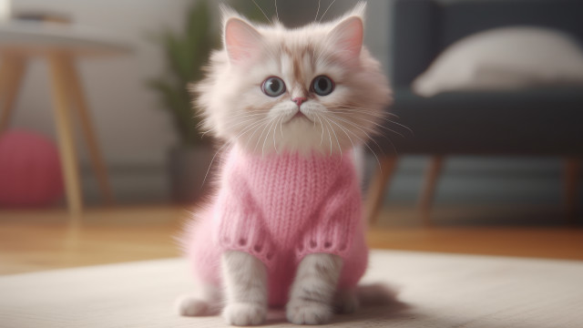 Sad cat pink sweater photorealistic free wallpaper for desktop - medium preview image