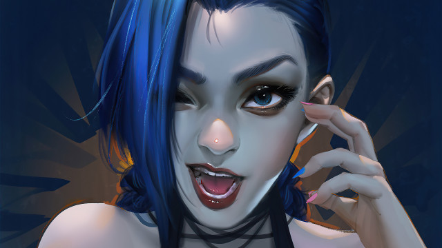 Blue haired woman cellphone creepy free wallpaper for desktop - medium preview image