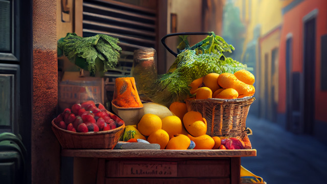 Basket fruit vegetables outdoor painting free wallpaper for desktop - medium preview image