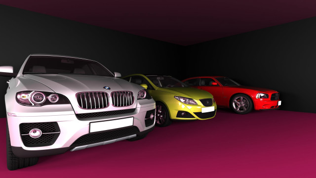 Three colored cars black wall free wallpaper for desktop - medium preview image
