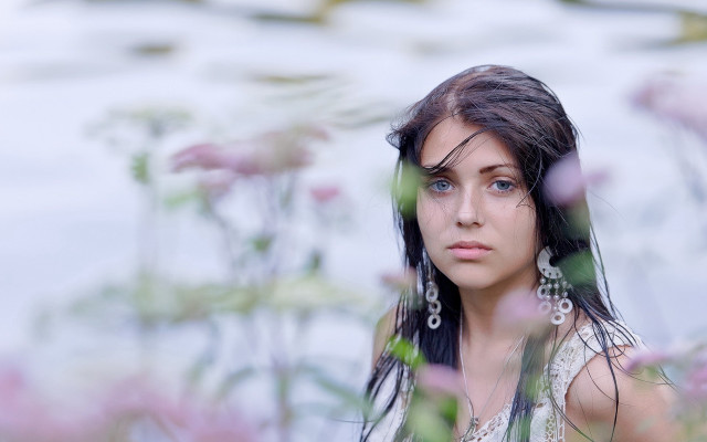 Woman long hair flowers blue free wallpaper for desktop - medium preview image