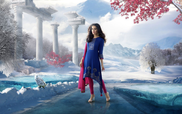 Woman blue dress snowy landscape free wallpaper for desktop - medium preview image