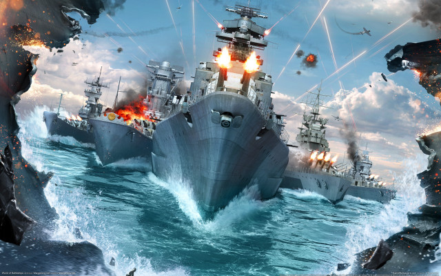 Battleship ocean smoke explosion matte free wallpaper for desktop - medium preview image